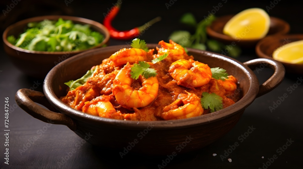 Indian cuisine: Prawns masala or Kolambi che Kalvan in Marathi. Chingri fry. Maharashtrian Prawns curry. Copy space.
