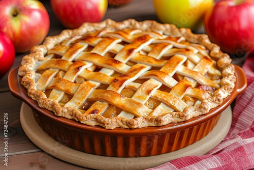 Home-baked lattice apple pie, in a brown ceramic pie plate, ready to serve