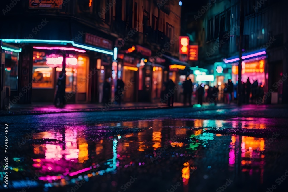 City nights alive with multi-colored neon lights, reflecting in puddles. Abstract, vibrant backdrop with blurred bokeh lights, capturing the essence of a lively and colorful night scene