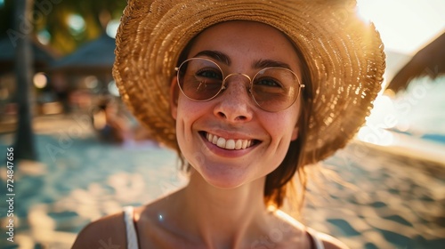 closeup shot of a good looking female tourist. Enjoy free time outdoors near the sea on the beach. Looking at the camera while relaxing on a clear day Poses for travel selfies smiling happy tropical #724847656