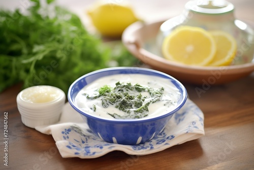 greek tzatziki sauce in a ceramic bowl on a table