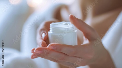 closed up hand and cream jar. Beautiful woman applying skin care cream from white cream jar  Set for spa  skin care and body products and solutions for skin problems such as scars  acne  wrinkles.