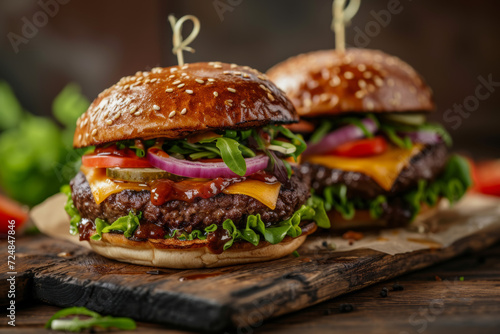 Indulge in the deliciousness of an epicurean beef burger – a classic American favorite with juicy meat, melted cheese, fresh lettuce, and savory sauce, all nestled in a sesame-seed bun.