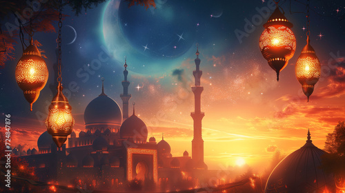 Ramadan theme poster with mosque and crescent
