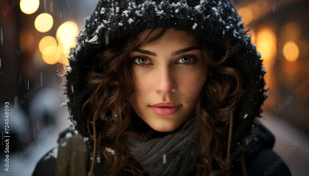 Young woman in winter, smiling, looking at camera generated by AI Young woman in winter, smiling, looking at camera generated by AI