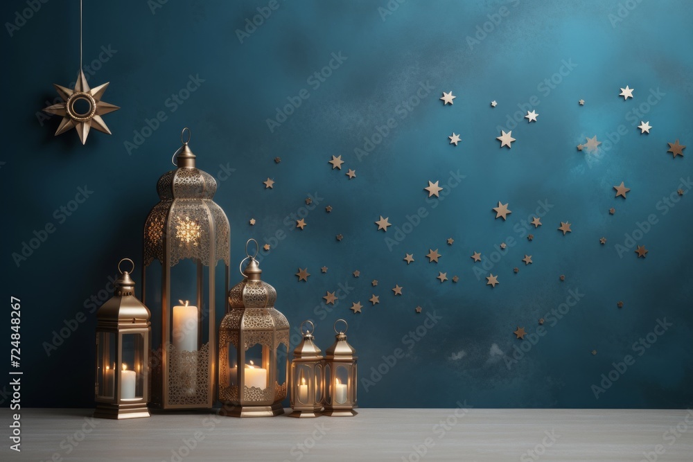 Crescent moon realistic eid mubarak. eid mubarak background with moon, stars, lanterns Crescent moon realistic eid mubarak. eid mubarak background with moon, stars, lanterns