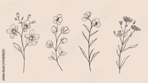 Set of luxury flowers and logo. Trendy botanical elements. Hand drawn line leaves branches and blooming. Wedding elegant wildflowers for invitation save the date card. © Emil