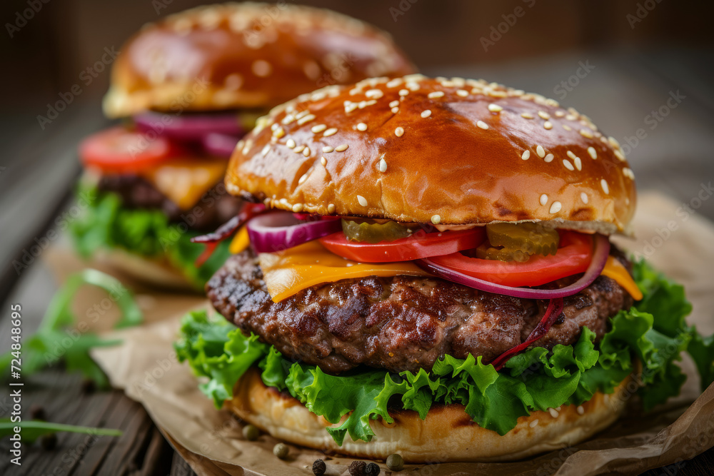 Indulge in the deliciousness of an epicurean beef burger – a classic American favorite with juicy meat, melted cheese, fresh lettuce, and savory sauce, all nestled in a sesame-seed bun. Indulge in the deliciousness of an epicurean beef burger – a classic American favorite with juicy meat, melted cheese, fresh lettuce, and savory sauce, all nestled in a sesame-seed bun.