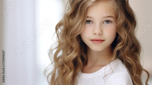 portrait of a beautiful young caucasian white American model teen girl looking forward. child ad with copy space  children  beauty  pretty