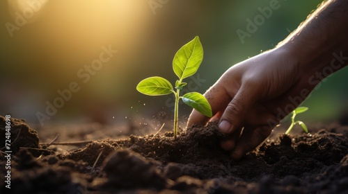 Holding a verdant plant against a soil-filled setting