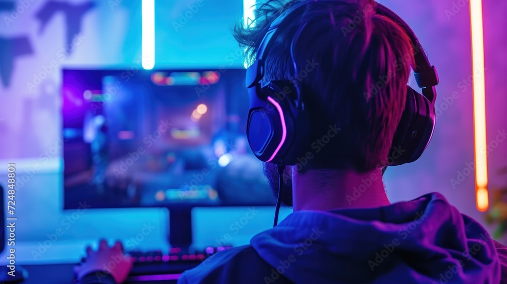 pro gamer man in headphones live streaming while playing online computer game, neon lights, esports, gaming, monitor, play, young, player, internet, enjoyment, cyber, pro gamer man in headphones live streaming while playing online computer game, neon lights, esports, gaming, monitor, play, young, player, internet, enjoyment, cyber,