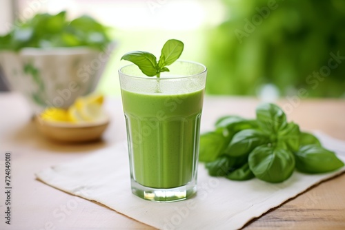 green herb juice in a glass by a pile of fresh mint leaves