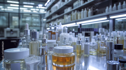 Abstract cosmetic laboratory. Chemical laboratory research. Nature cosmetics. Cosmetic Essence. Organic cosmetics. skin care products. top view. Science cosmetic laboratory concept. 