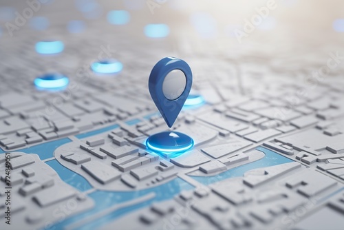 A dark blue location indicator on city map in 3D rendering. City map with a blue GPS location icon determining the exact meeting point.