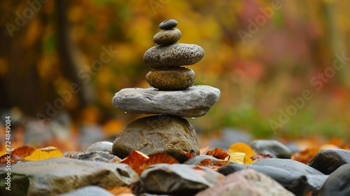 The concept of balance. A perfectly balanced arrangement of natural stones in a composition outdoors in nature.