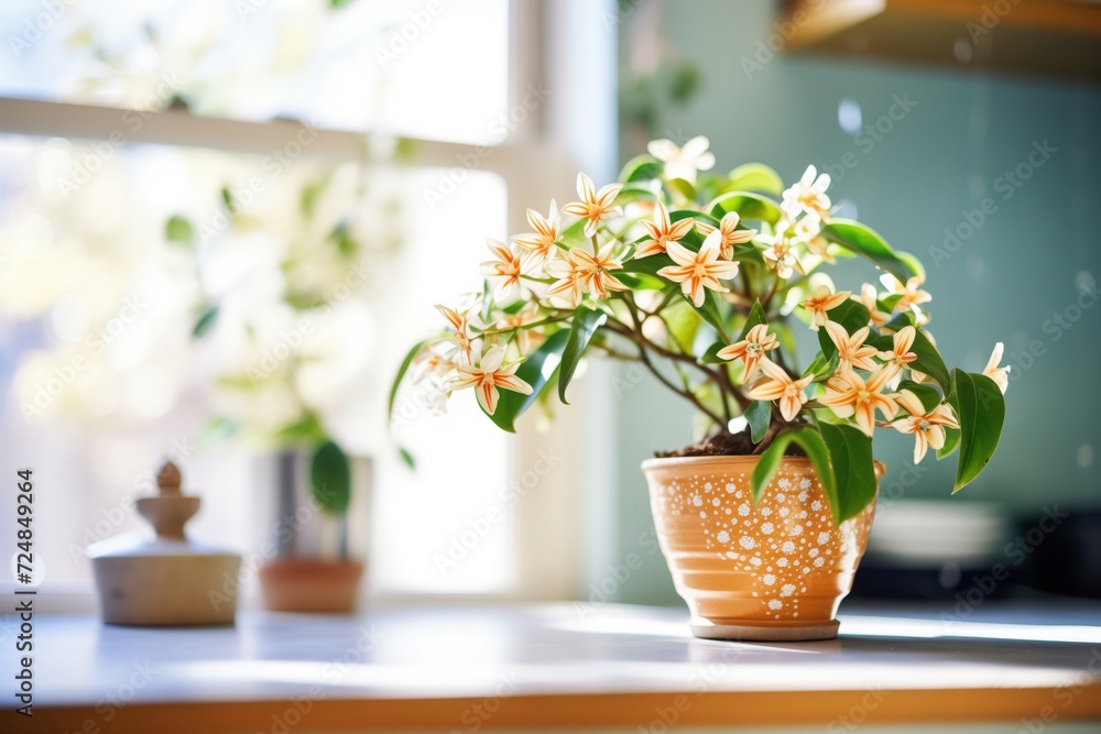 a flowering hoya plant on a sunny windowsill