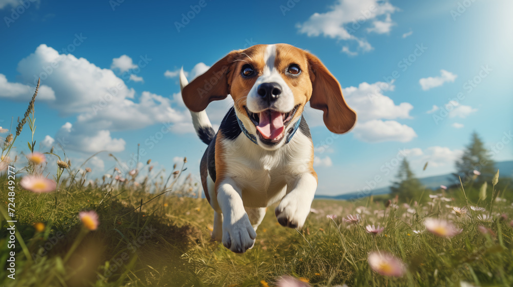 dog, Beagle running running on a grass 