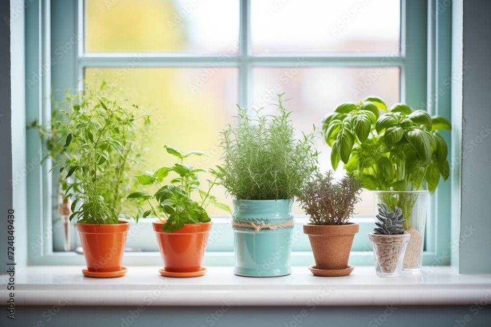 a windowsill with various herb pots: basil, mint, rosemary