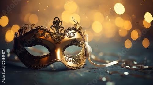 Elegant carnival mask with golden decoration on bokeh background.