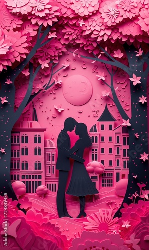 A romantic paper art scene of a couple embracing each other in a monochromatic pink environment. The intricate paper cut-out technique showcases a layered composition that includes blooming flowers.
