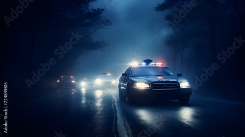 Police cars driving at night chasing a car in fog 911 police car rushing to crime scene photo