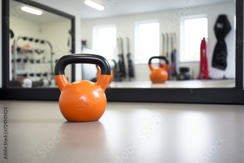 kettlebell in front of a mirror in a home gym