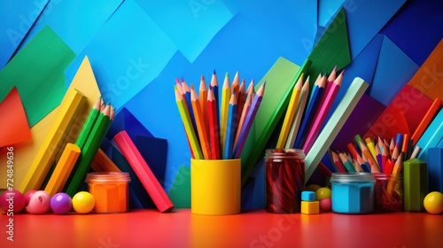 Vibrant back to school background with colorful pencils, books, and stationery arranged in a creative composition, school, education, creativity, stationery