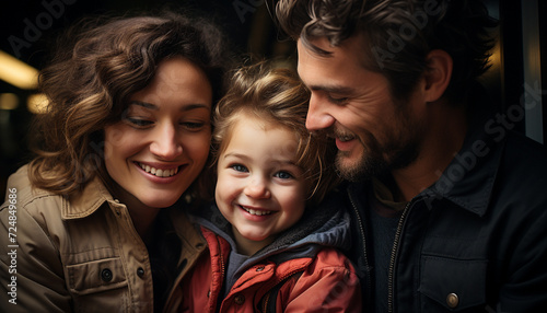 Smiling family embraces love, happiness, and togetherness generated by AI