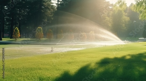 Garden irrigation system. a sprinkler that waters the garden in summer. summer. © Anak