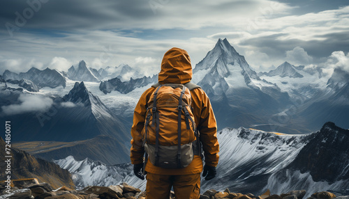 One person hiking mountain peak in winter generated by AI