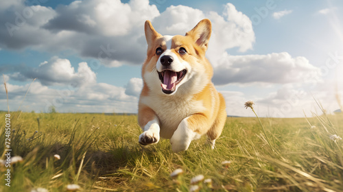 dog, Corgi running running on a grass 