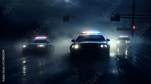Police cars driving at night chasing a car in fog 911 police car rushing to crime scene © Ziyan Yang