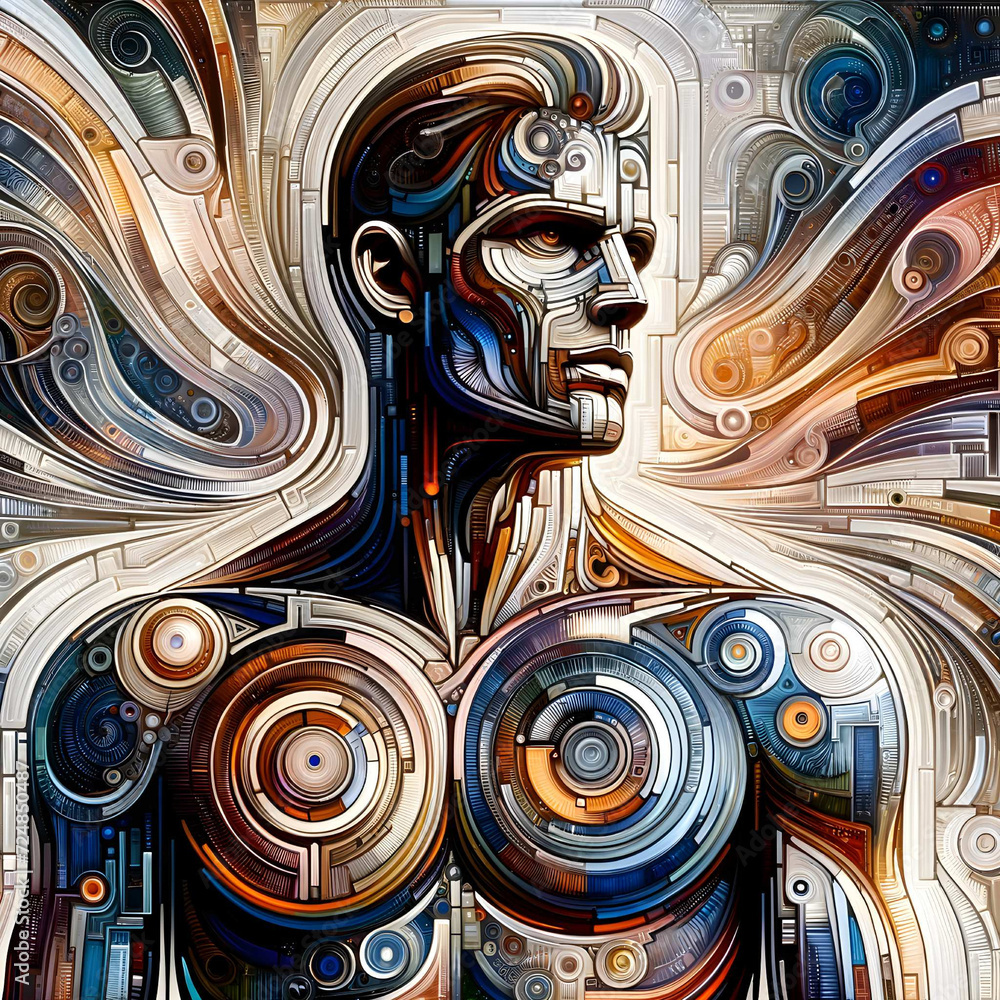 Abstract mechanical man portrait, a fusion of human essence with the gears of technology.