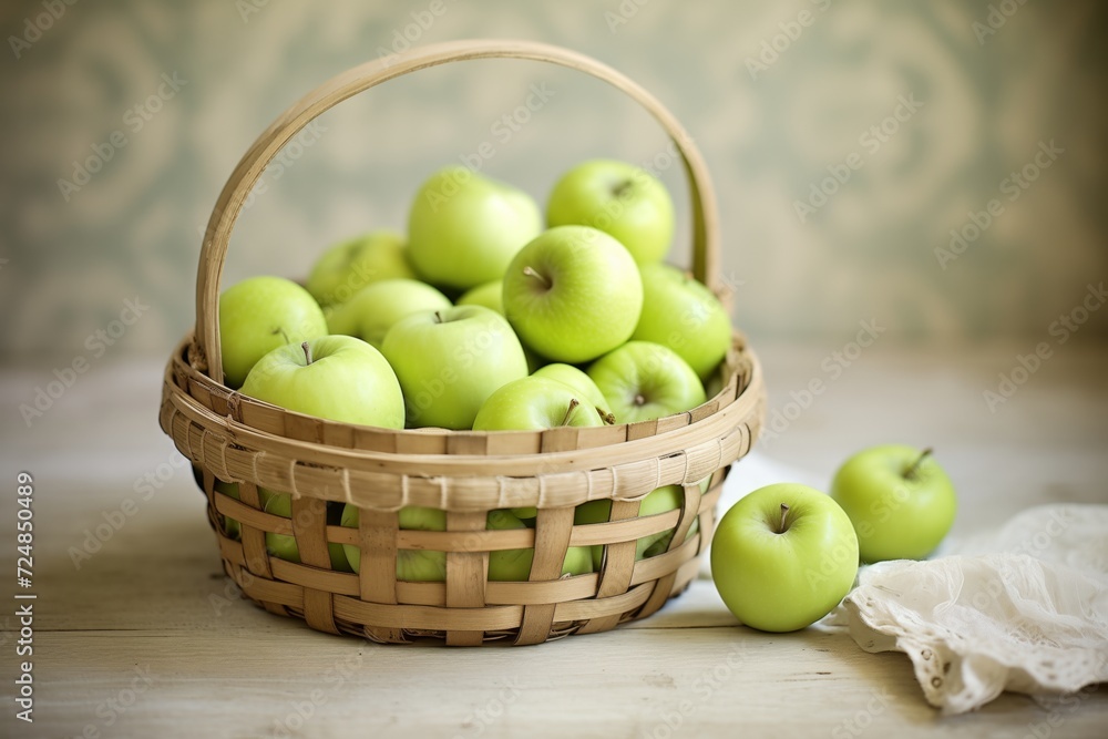 collection of green apples in a rustic basket