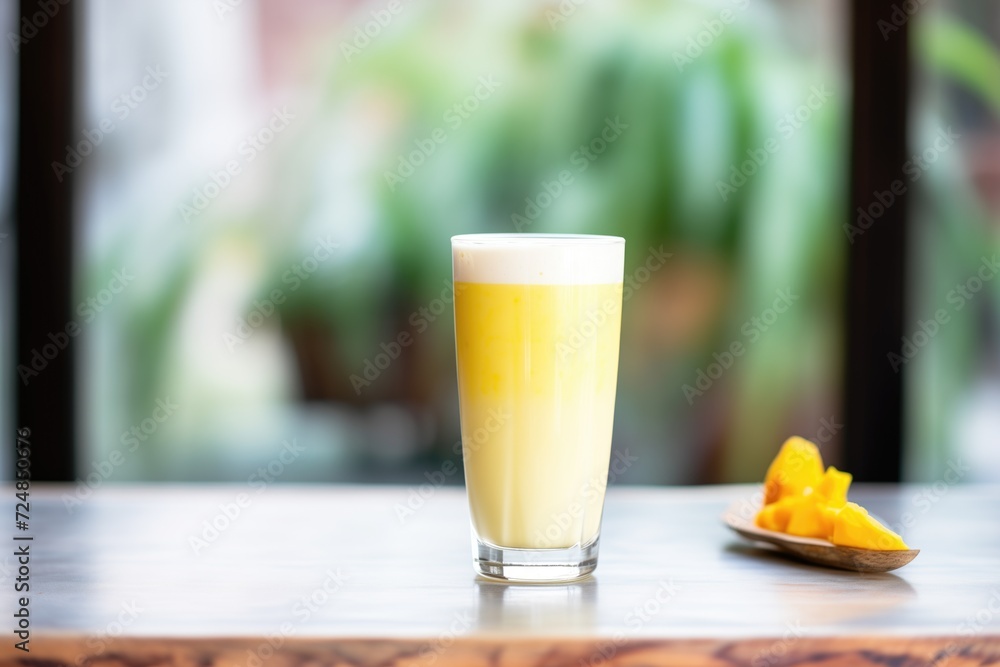 a frostcovered glass of mango lassi indicating a refreshing cold drink a frostcovered glass of mango lassi indicating a refreshing cold drink