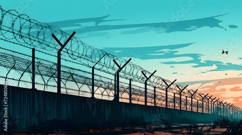 Prison security fence. Barbed wire security fence. Razor wire jail fence. Barrier border. Boundary security wall. Prison for arrest criminals or terrorists. Private area. Military zone concept. 