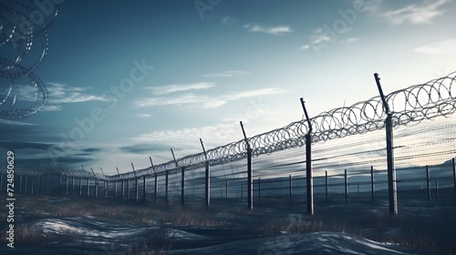 Prison security fence. Barbed wire security fence. Razor wire jail fence. Barrier border. Boundary security wall. Prison for arrest criminals or terrorists. Private area. Military zone concept. 