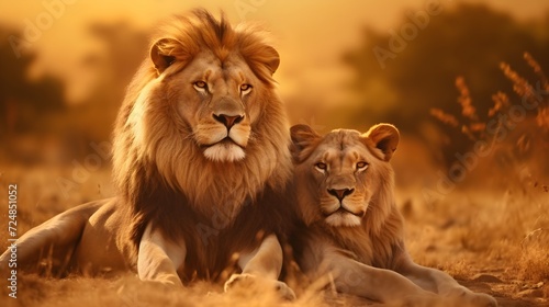 Lion and lioness at sunset.