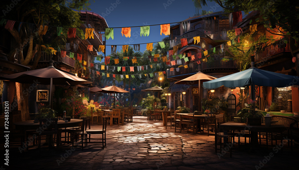 Illuminated table in the outdoors, vibrant celebration at night generated by AI Illuminated table in the outdoors, vibrant celebration at night generated by AI