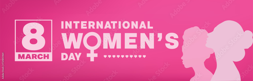 International Women's Day banner design. It features women silhouette on pink background. Vector illustration