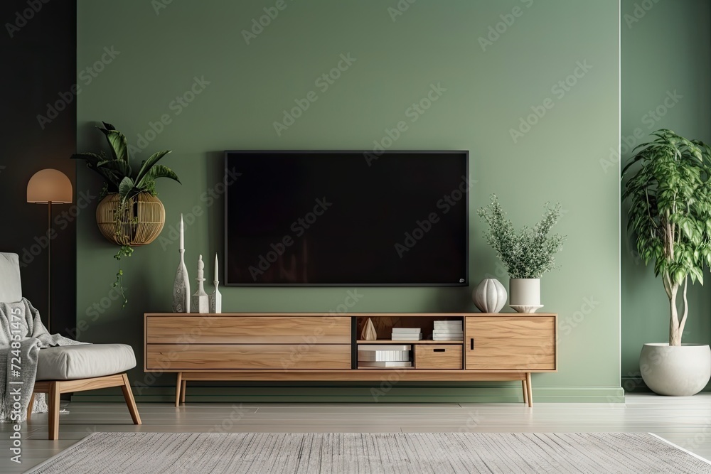 Modern TV cabinet on a plain green wall in the living room Modern TV cabinet on a plain green wall in the living room