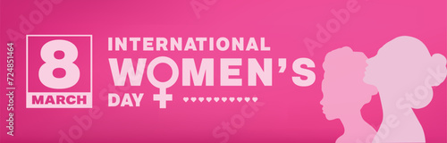 International Women's Day banner design. It features women silhouette on pink background. Vector illustration