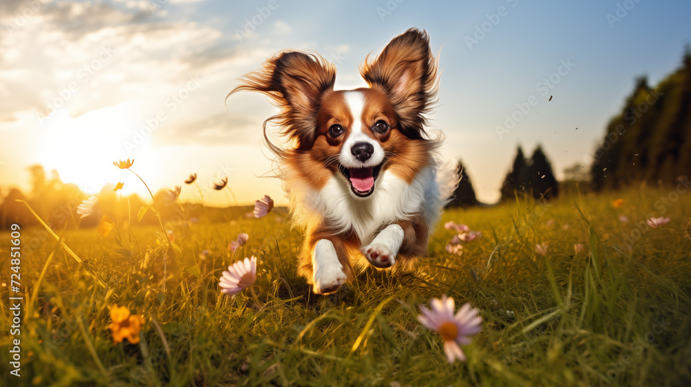 dog, Papillon running on a grass