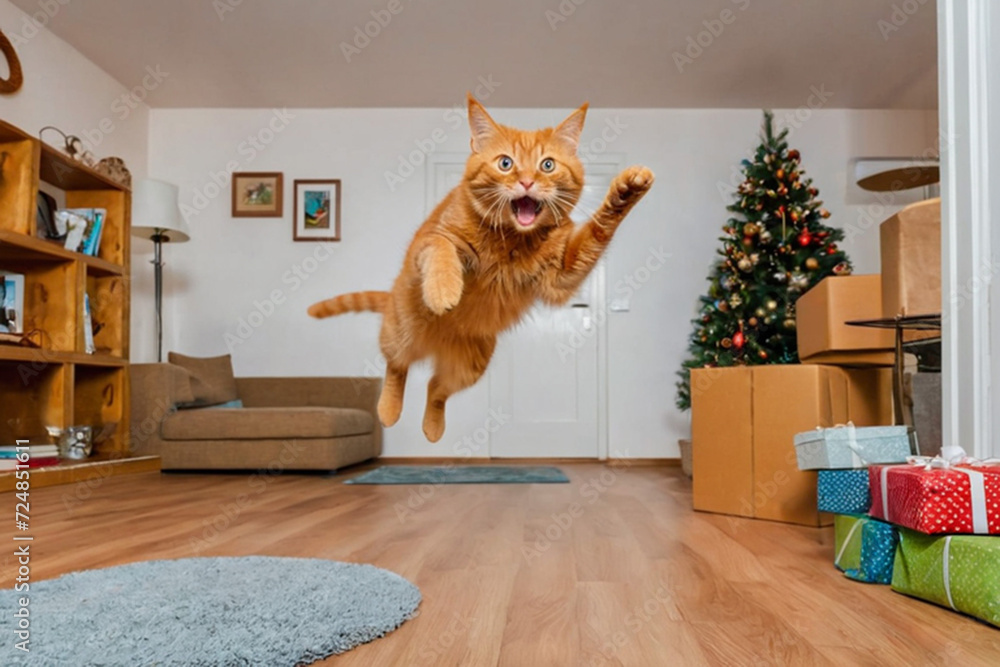 A funny red cat is jumping in the room. Crazy playful cat jumping after installing a New Year tree in the house.