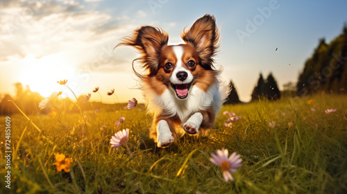dog, Papillon running on a grass © Supawit