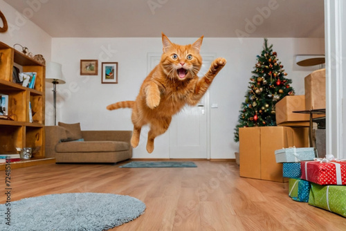 Obraz na płótnie A funny red cat is jumping in the room. Crazy playful cat jumping after installing a New Year tree in the house. w salonie