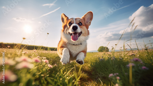 dog, Pembroke Welsh Corgi running on a grass