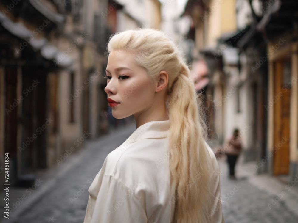 an albino girl of Asian appearance walks along narrow streets with cobblestones