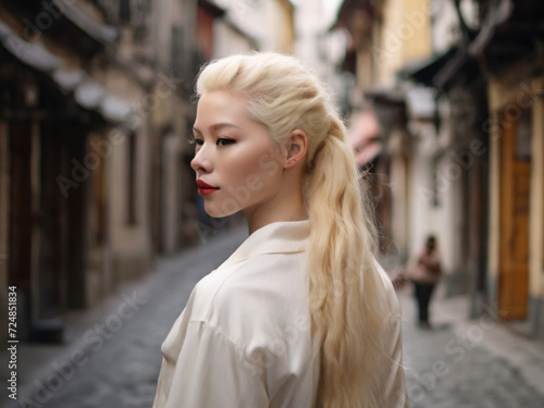 Obraz na płótnie an albino girl of Asian appearance walks along narrow streets with cobblestones w salonie