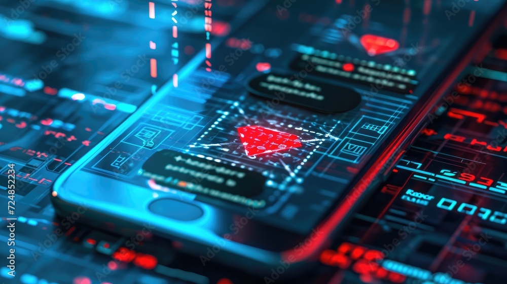 Close-up of a secure smartphone interface showing active malware protection alerts and a strong firewall barrier Close-up of a secure smartphone interface showing active malware protection alerts and a strong firewall barrier